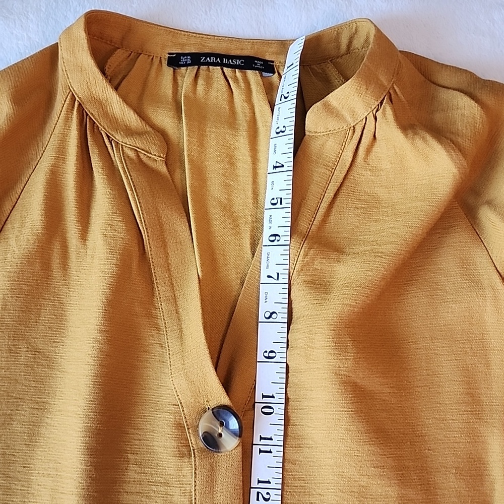 Zara Mustard Yellow  Tunic Dress with V-Neck, Buttons & Ruched Sleeves - Picture 5 of 10
